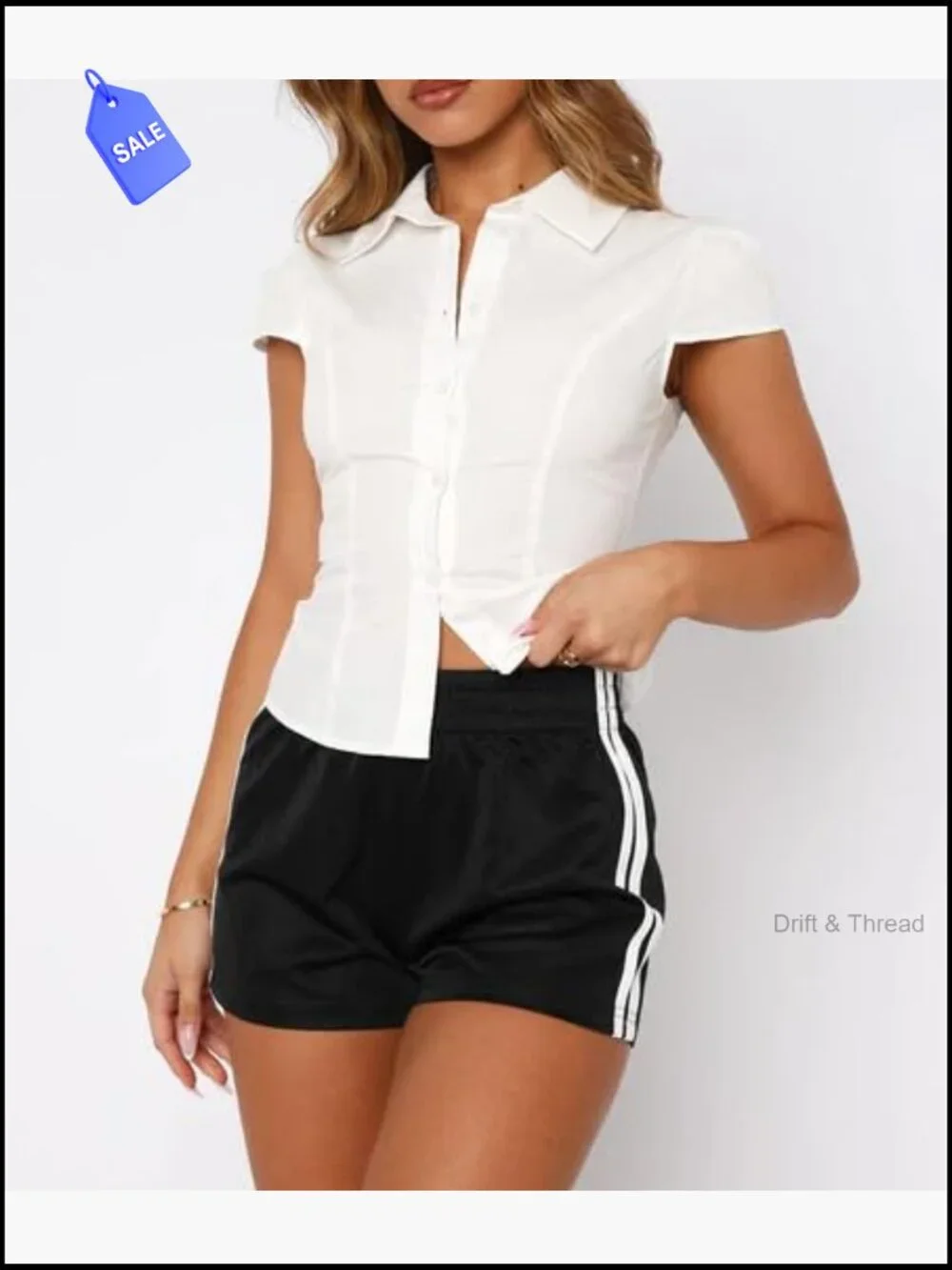 Y2K Button Down Short Sleeve Crop Top Slim Fit Blouse Preppy - Picture 2 of 4